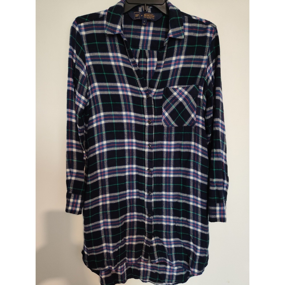 Gap x Pendleton Navy Plaid ShirtDress WomensMedium LongSleeve Rayon FlannelStyle